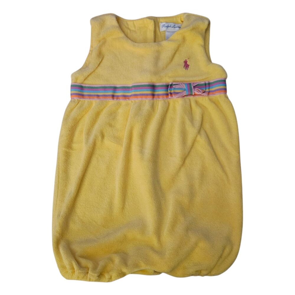 Baby Girl's Ralph Lauren Terry Cloth Sleeveless Romper Yellow w/ Striped Band 6M